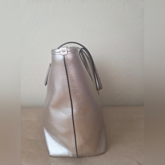 COACH Metallic Pebbled Leather Zip Top Tote Bag - Gold/Platinum - Picture 5 of 11